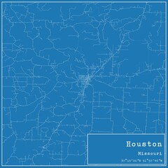 Blueprint US city map of Houston, Missouri.