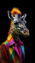 Fototapeta na wymiar Illustration of a Giraffe with Colourful Hair and a multicoloured Jacket created with Generative AI technology