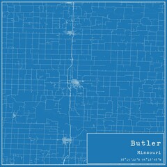 Blueprint US city map of Butler, Missouri.