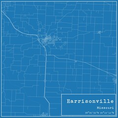 Blueprint US city map of Harrisonville, Missouri.