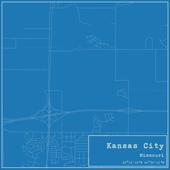 Blueprint US city map of Kansas City, Missouri.