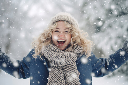 Beautiful overweight woman enjoying winter snowflakes in a joyful outdoor moment. Generative AI