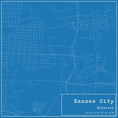 Blueprint US city map of Kansas City, Missouri.