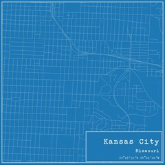 Blueprint US city map of Kansas City, Missouri.