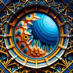 Fototapeta premium Abstract 3d background with mandala and ornamental pattern. Generative Ai.