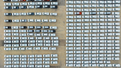 Aerial view new cars parking for sale stock lot row, New cars dealer inventory import export business commercial global, Business automobile and automotive industry