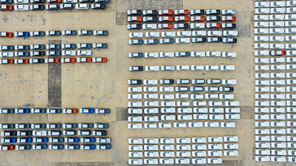 Aerial view new cars parking for sale stock lot row, New cars dealer inventory import export business commercial global, Business automobile and automotive industry