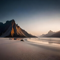 Beautiful Mountain Landscape with lake or sea beach. Generative Ai.