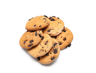 Tasty cookies with chocolate chips on white background