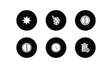 user interface filled icons set. user interface filled icons pack included pointed star, artist paint palette, letter i, help web button, hours, delete round button vector.