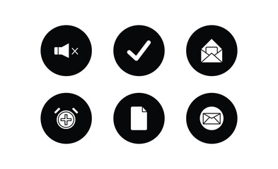 user interface filled icons set. user interface filled icons pack included sound off, tick mark, open letter read email, alarm button, blank file, email envelope button vector.