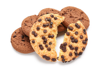 Tasty cookies with chocolate chips on white background