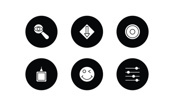 user interface filled icons set. user interface filled icons pack included detective search, low, radio button, image with frame, winking smile, adjustment vector.