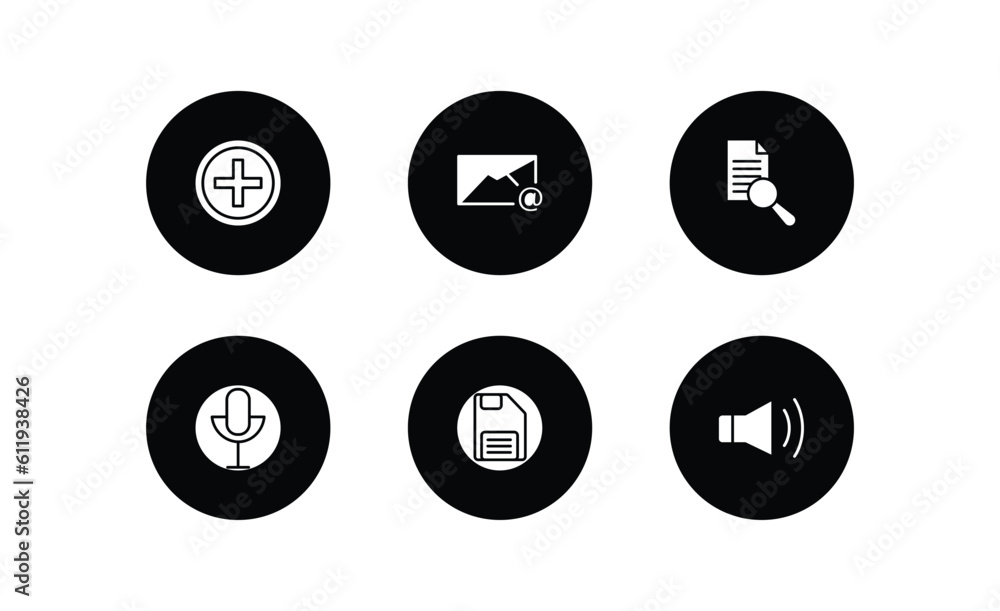 Poster user interface filled icons set. user interface filled icons pack included round add button, email e