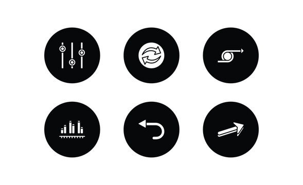 user interface filled icons set. user interface filled icons pack included box plot, continuous, right loop arrow, dual bars interface, left curve, 3d forward arrow vector.