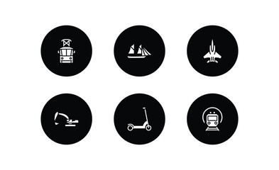 transportation filled icons set. transportation filled icons pack included tram front view, schooner, army airplane, excavators, kick scooter,   vector.