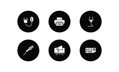 technology filled icons set. technology filled icons pack included electrical plug, printer tool, power plug, mic with long cable, telemarketing, circuit board vector.