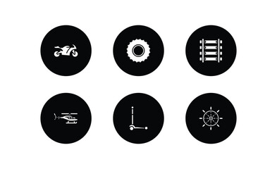 transportation filled icons set. transportation filled icons pack included motorbike, all terrain, railway line, helicopter profile, micro scooter, ship helm vector.