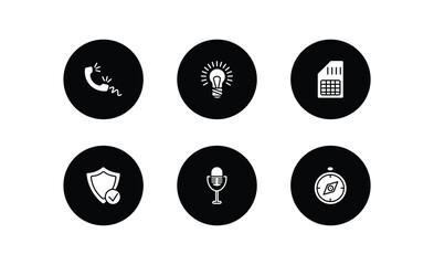 technology filled icons set. technology filled icons pack included telephone receiver, big light bulb, big, safe shield protection, radio microphone, basic compass vector.