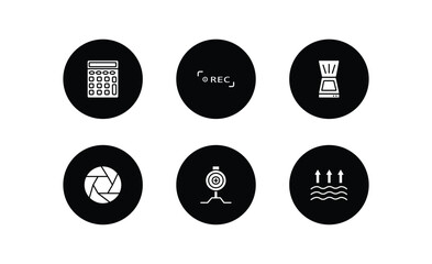 technology filled icons set. technology filled icons pack included basic calculator, recording, scanner with cover, camera shutter, pitching hine, evaporation vector.