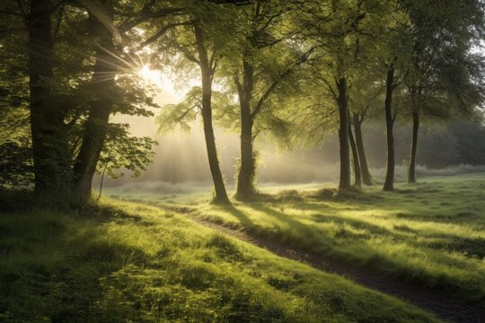 Sun shines brightly on a summer morning, casting a golden glow on the scenic forest. Peaceful atmosphere, concept of serenity and peace in nature. Generative AI