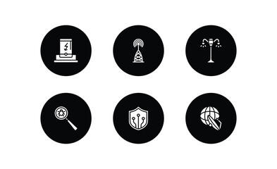 technology filled icons set. technology filled icons pack included dock, frequency antenna, lamp post, search bug, shields, news via satellite vector.