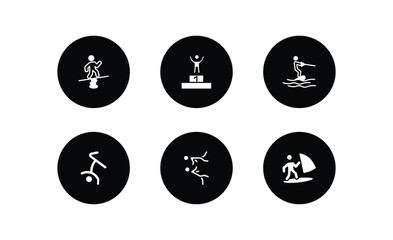 sports filled icons set. sports filled icons pack included man balancing, number one athlete, wakeboarding, breakdancing dancer, two judo fighters, man windsurfing vector.