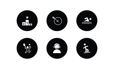 sport filled icons set. sport filled icons pack included podium, ball arrow, swimming, man playing badminton, commentator, snowboarding vector.