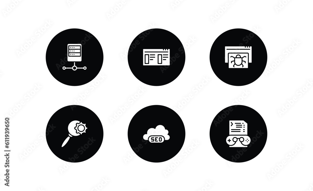 Poster programming filled icons set. programming filled icons pack included server, theme, bug report, sear