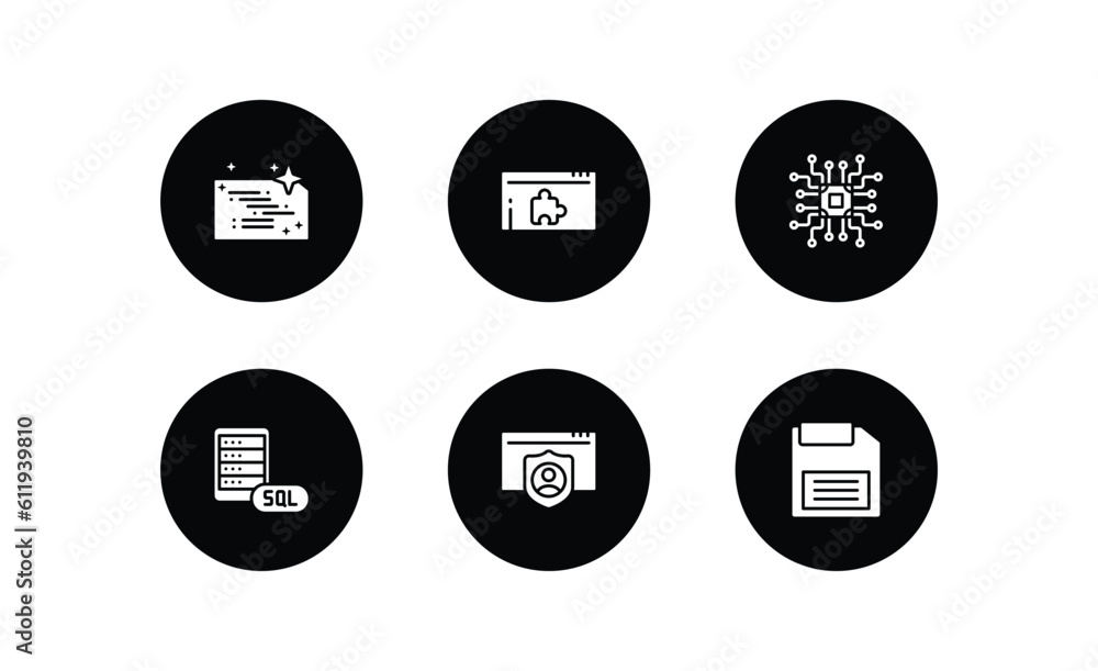 Poster seo filled icons set. seo filled icons pack included clean code, plugin, microchip, mysql, authorize