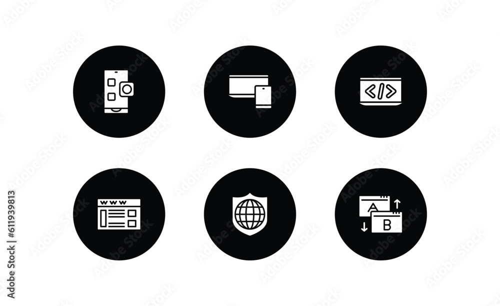 Poster seo filled icons set. seo filled icons pack included app, responsive, programming language, web page