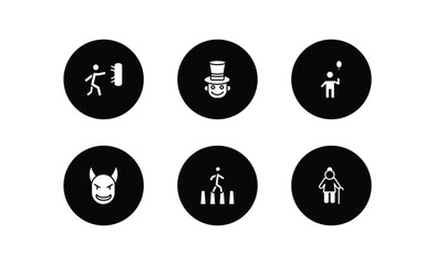 people filled icons set. people filled icons pack included man throwing a dart, magician boy, boy with balloon, devil head with horns, crossing road, old lady walking vector.