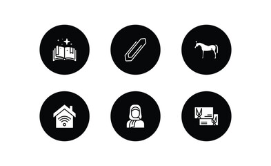 other filled icons set. other filled icons pack included speell book, office clip, arab horse, smarthome, arab woman with hijab, hair cut business card vector.