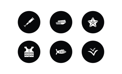nautical filled icons set. nautical filled icons pack included nautical monocular, speed boat facing right, big starfish, vest, submarine, seagull vector.