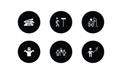 people filled icons set. people filled icons pack included validating ticket, walking to school, man knocking a door, getting dressed, occupant, smoking man vector.