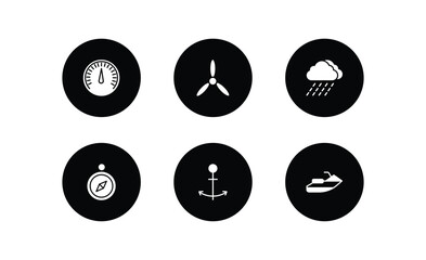 nautical filled icons set. nautical filled icons pack included barometer, propeller, rainy cloud, compass inclined, sailor, facing right vector.