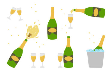 Set champagne drink on a white background. In a bottle, wine glasses, in an ice bucket. Bubbles. Flying cork from bottle. Poster, postcard, flyer design. The concept holiday. Vector flat illustration.