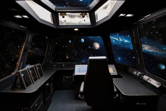 This image was provided by NASA and features a spaceship cabin with a view of the universe and faraway planets, generative AI