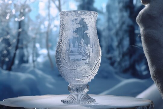 Crystal clear ice vase sculpted with intricate patterns, on icy surface, elegant picture frame with frosty crystals. Generative AI