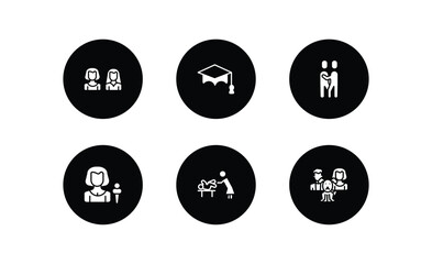 people filled icons set. people filled icons pack included friends, students graduation hat, snuggle, foreign reporter, babysitter and child, man girl and dog vector.