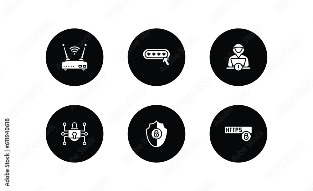 Poster internet security filled icons set. internet security filled icons pack included wireless router, pa