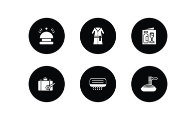 hotel and restaurant filled icons set. hotel and restaurant filled icons pack included reception bell, bathrobe, wine menu, left-luggage, air conditioner, spaghetti vector.