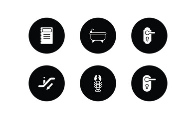 hotel and restaurant filled icons set. hotel and restaurant filled icons pack included agenda, bathtub, doorknob, or down, lobster, doorknob vector.