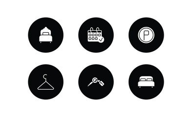 hotel and restaurant filled icons set. hotel and restaurant filled icons pack included single bed, reservation, parking, checkroom, room key, double bed vector.