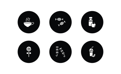 food filled icons set. food filled icons pack included coffee cup with steam, sugar container, cider, jawbreaker, kebab, fresh smoothie vector.