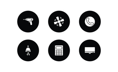 electronic devices filled icons set. electronic devices filled icons pack included driller, ceiling fan, telephone, exhaust hood, calculator, television vector.