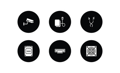 electronic devices filled icons set. electronic devices filled icons pack included video surveillance, electric blanket, earphones, ssd, hdmi, asic miner vector.