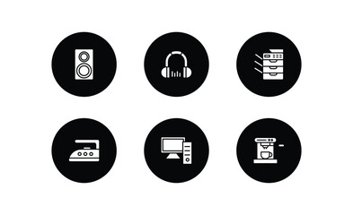 electronic devices filled icons set. electronic devices filled icons pack included stereo, headphones, copy hine, iron, personal computer, espresso maker vector.