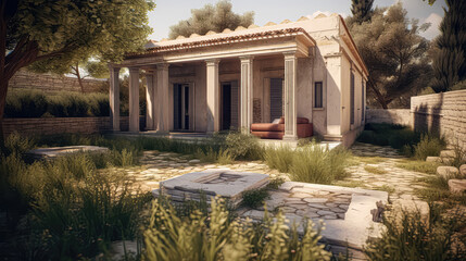 3D render greece ancient concept, Home and Garden Embracing the Timeless Elegance and, Creating a Harmonious Fusion of Indoor and Outdoor Spaces