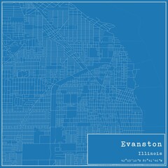 Blueprint US city map of Evanston, Illinois.
